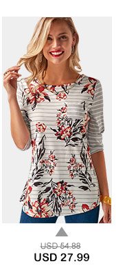 Printed Button Back Round Neck T Shirt