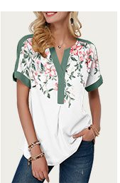 Floral Print Notch Neck Contrast Piping Blouse