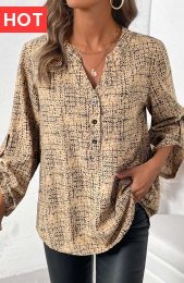 Light Camel Button Graffiti Print Long Sleeve Shirt