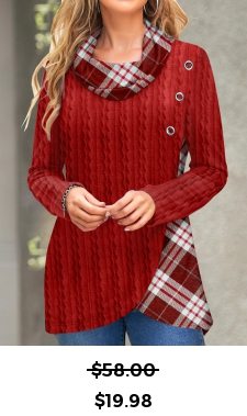 ROTITA Twisted Plaid Red Cowl Neck Long Sleeve Sweatshirt