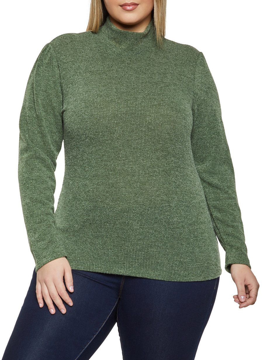 Plus Size Solid Mock Neck Puff Sleeve Top