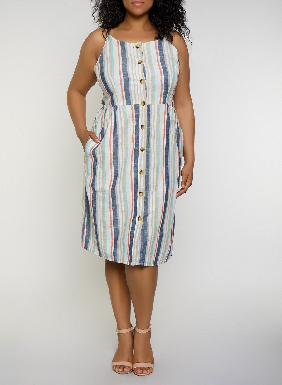 Plus Size Striped Linen Button Front Cami Dress