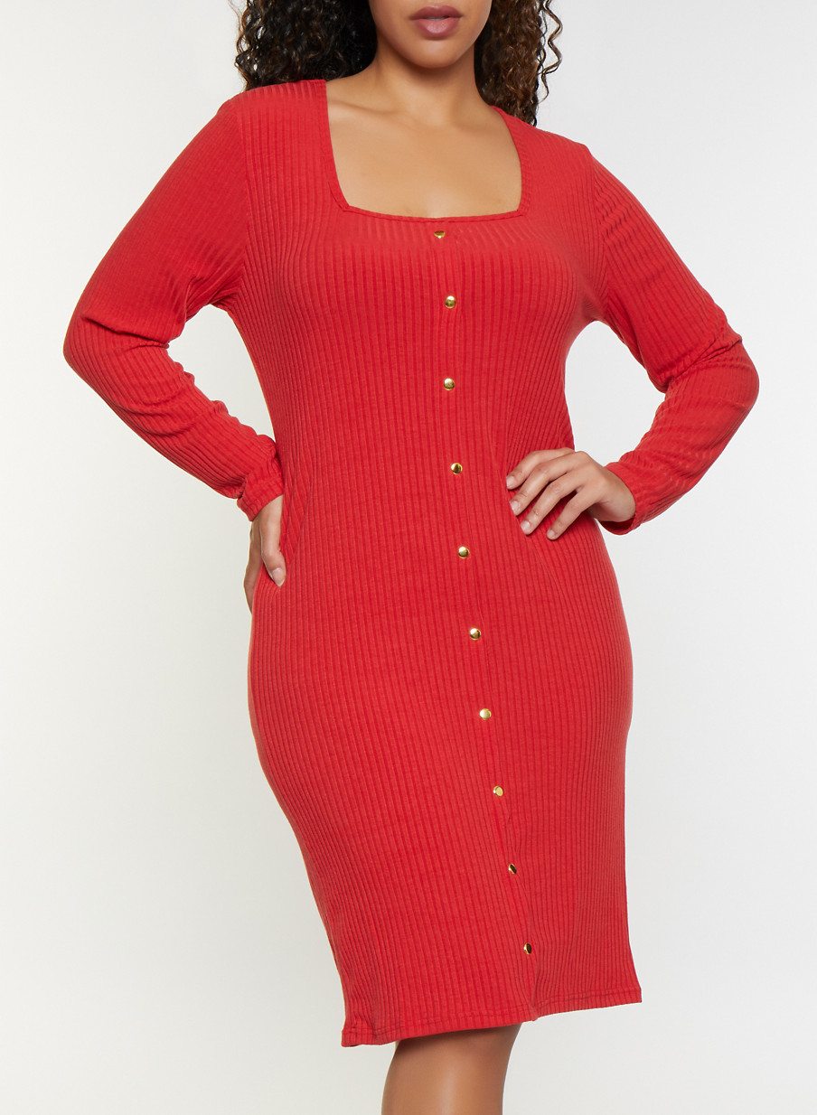 Plus Size Square Neck Button Dress