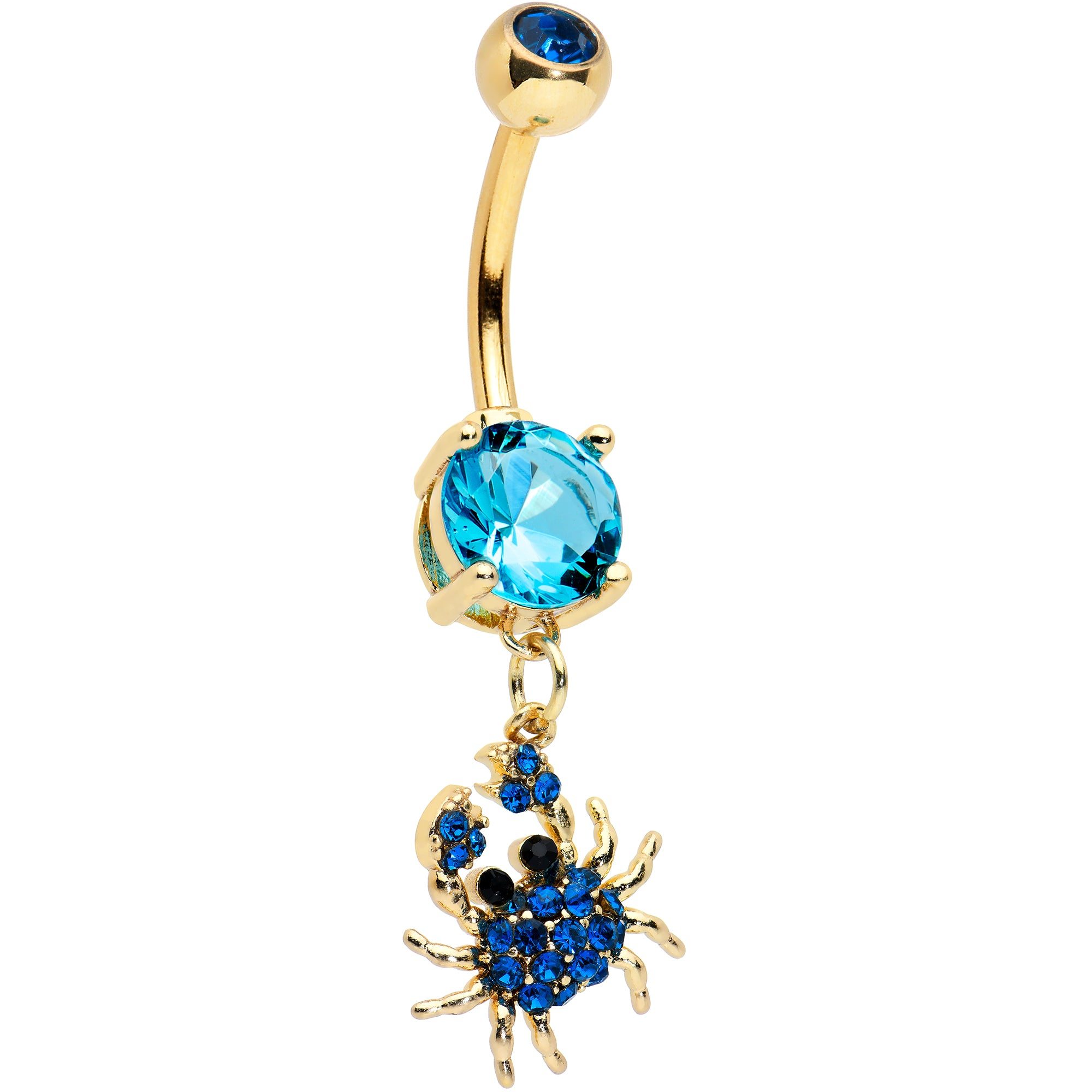 Image of Blue Gem Gold Tone Blue Crab Nautical Dangle Belly Ring