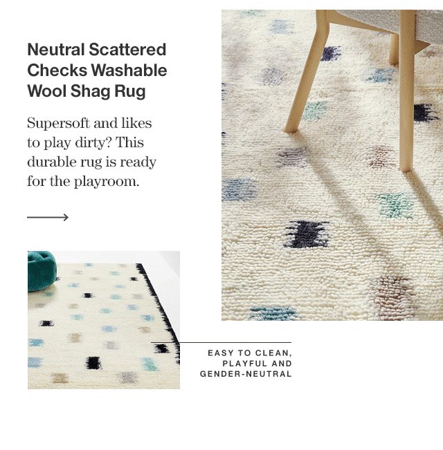 Neutral Scattered Checks Washable Wool Shag Rug