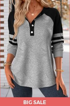 ROTITA Button Light Grey Split Neck Long Sleeve Sweatshirt