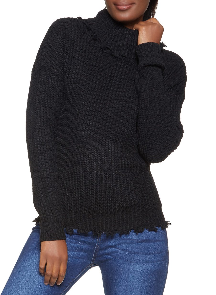 Frayed Knit Turtleneck Sweater