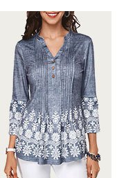 Button Detail Split Neck Printed Pleated Blouse