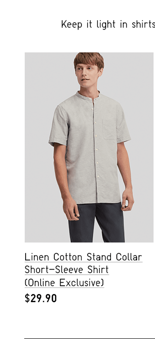 LINEN COTTON STAND COLLAR SHORT-SLEEVE SHIRT (ONLINE EXCLUSIVE) $29.90