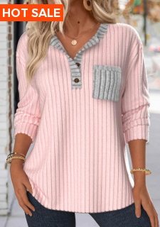 ROTITA Button Light Pink Split Neck Long Sleeve Sweatshirt