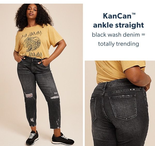 KanCan™ ankle straight. Black wash denim = totally trending. Model wearing maurices clothing.