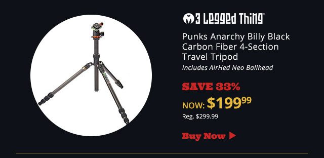 3 Legged Thing Punks Anarchy Billy Black Carbon Fiber 4-Section Travel Tripod Includes AirHed Neo Ballhead