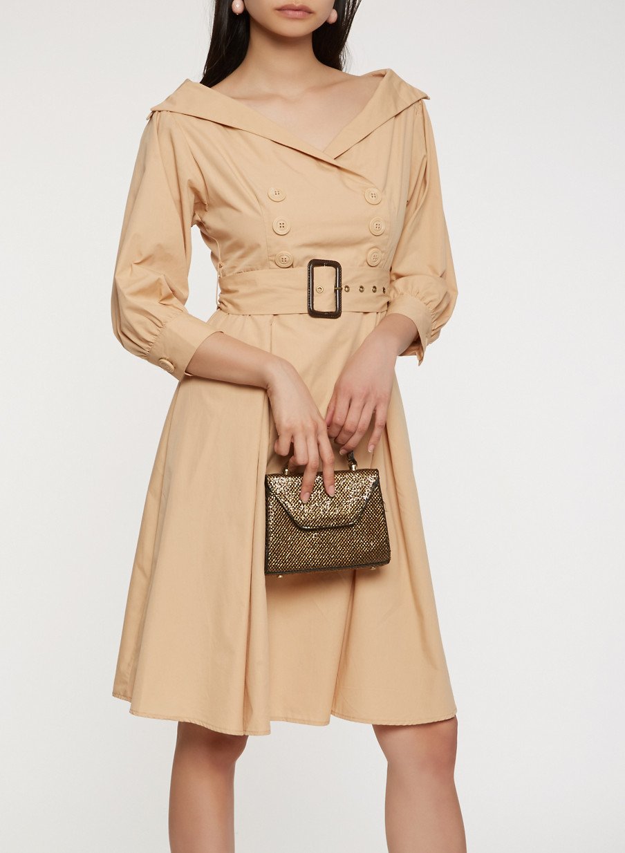 Button Detail Belted Skater Dress