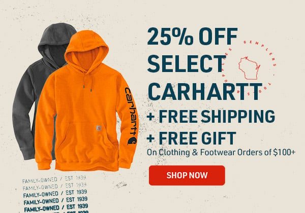 25% off select Carhartt + Free Shipping + Free Gift, on clothing and footwear orders of $100 or more