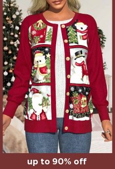 ROTITA Patchwork Christmas Print Wine Red Round Neck Corduroy Coat