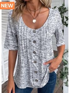 ROTITA Plus Size Button Grey Scoop Neck T Shirt