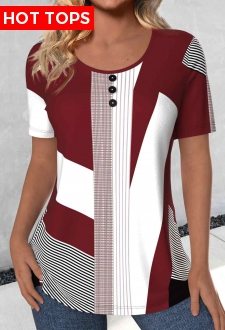 Geometric Print Button Deep Red Short Sleeve T Shirt