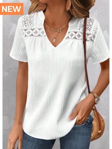 ROTITA Lace White Split Neck Short Sleeve Blouse