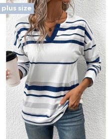 ROTITA Plus Size Patchwork White Striped Split Neck T Shirt