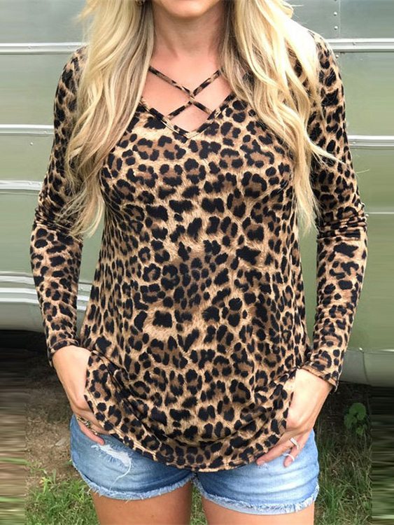 Leopard V-neck Long sleeves T-shirt