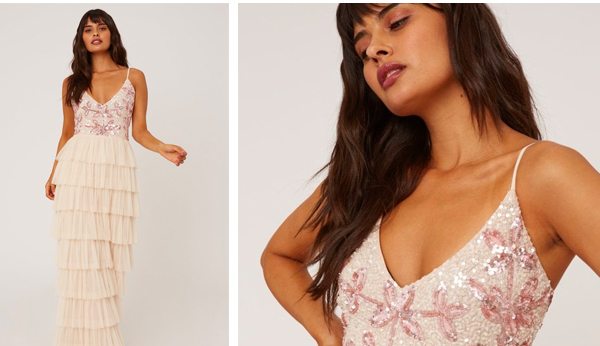 Little Mistress Fleur Nude Floral Sequin Tiered Hem Maxi Dress