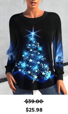 ROTITA Christmas Tree Print Black Scoop Neck Sweatshirt
