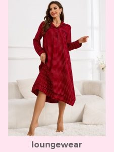 Plaid Red Turn Down Collar Long Sleeve Nightdress