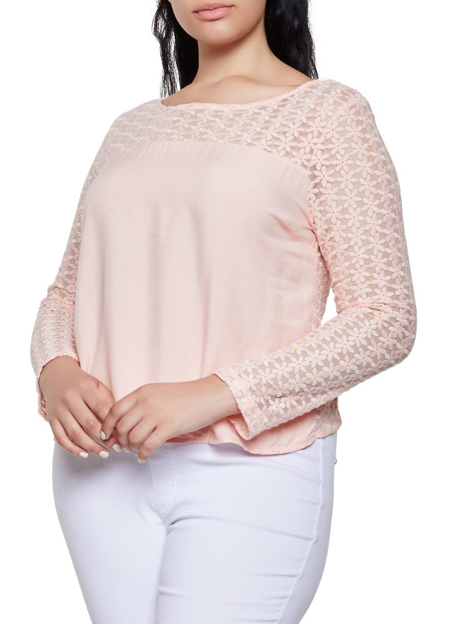 Plus Size Embroidered Lace Button Back Top