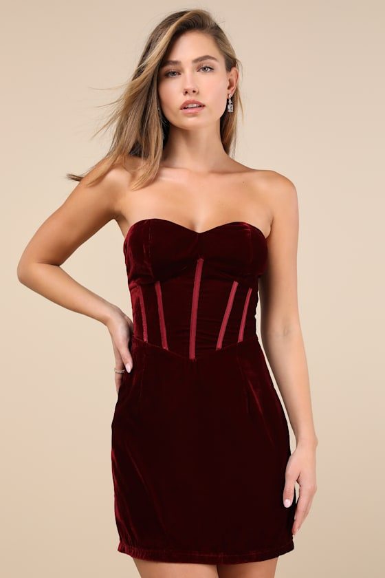 Image of Poised Favorite Burgundy Velvet Bustier Strapless Mini Dress