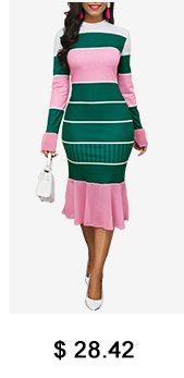 Long Sleeve Color Block Striped Mermaid Dress