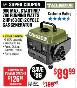 View 900 Max Starting/700 Running Watts, 2 HP (63cc) 2 Cycle Gas Generator EPA/CARB
