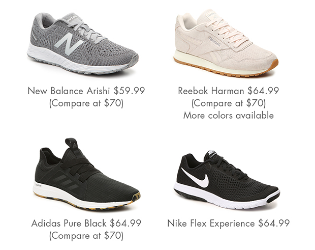 New Balance Arishi $59.99 (Compare at $70) | Reebok Harman $64.99 (Compare at $70) More colors available | Adidas Pure Black $64.99 (Compare at $70) | Nike Flex Experience $64.99