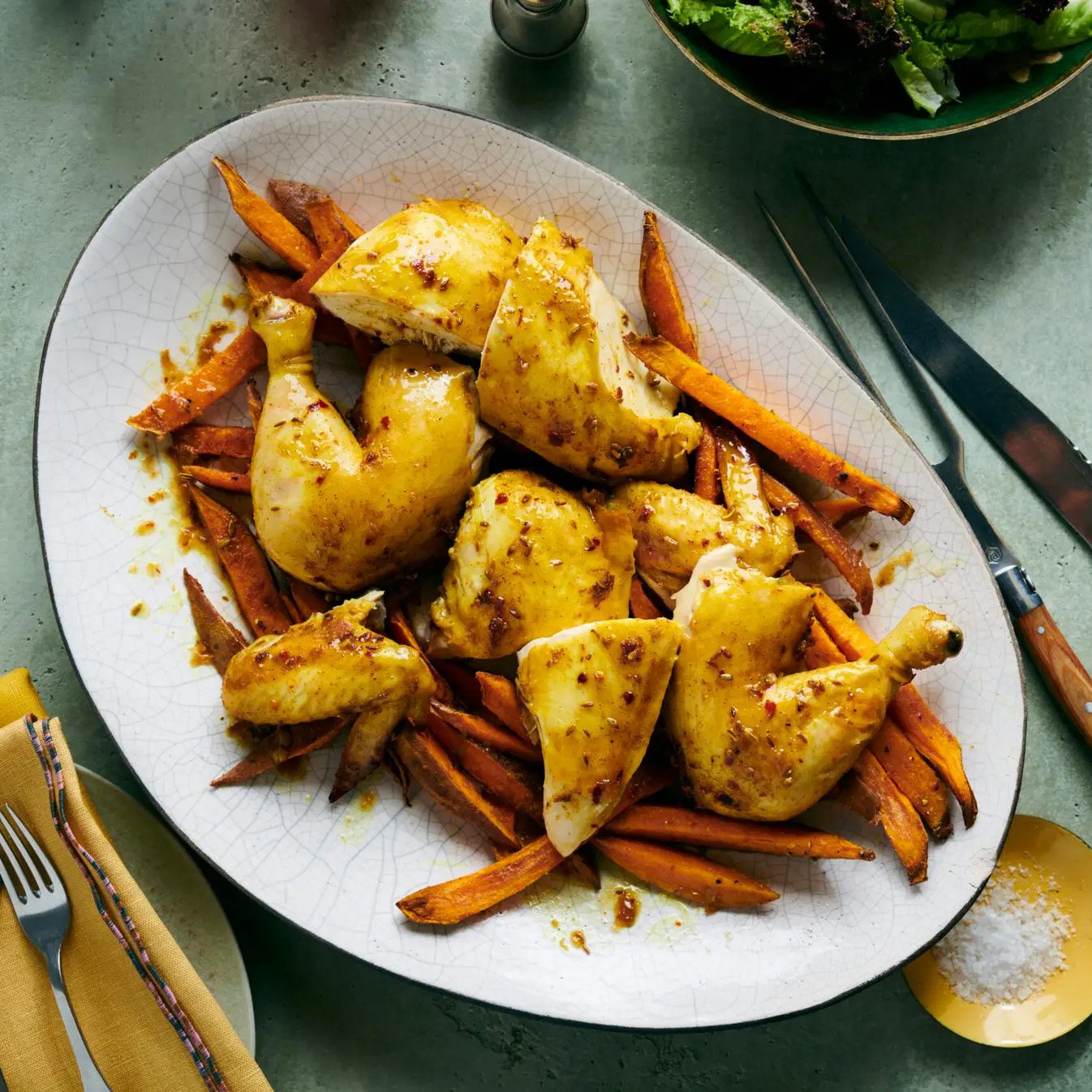 Spicy Maple Roasted Chicken with Sweet Potato Oven Fries