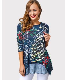 Christmas Print Navy Blue Round Neck T Shirt
