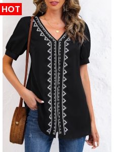 ROTITA Embroidery Tribal Print Black V Neck Blouse