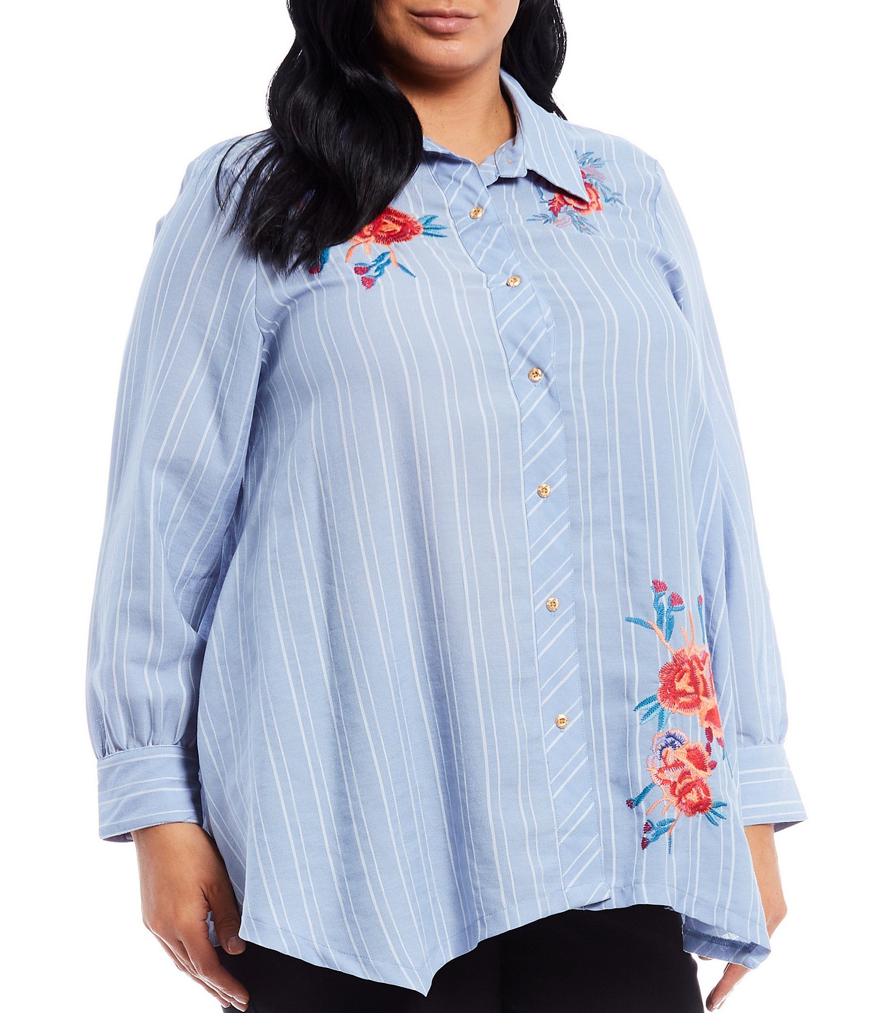 Calessa Plus Size Floral Embroidery Pin Stripe Button Front Shirt