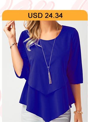  Asymmetric Hem Royal Blue Chiffon Blouse