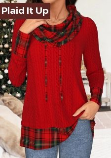 Christmas Red Patchwork Plaid Long Sleeve Cowl Neck Sweatshirt