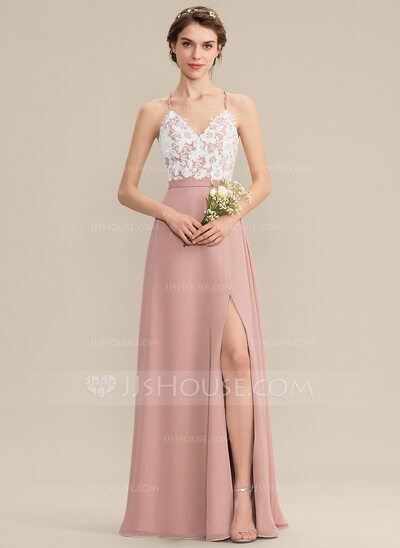 A-Line V-neck Floor-Length Chiffon Lace Bridesmaid Dress Wit...