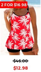 Circular Ring Tropical Plants Print Coral Tankini Top