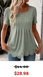 ROTITA Lace Sage Green Square Neck Short Sleeve T Shirt