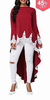 Dip Hem Lace Patchwork Burgundy Blouse