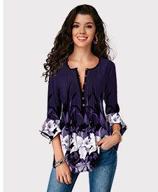Flare Cuff Crinkle Chest Floral Print Blouse 