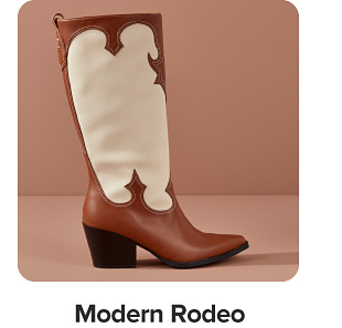 Brown and white cowboy boots. Shop modern rodeo.