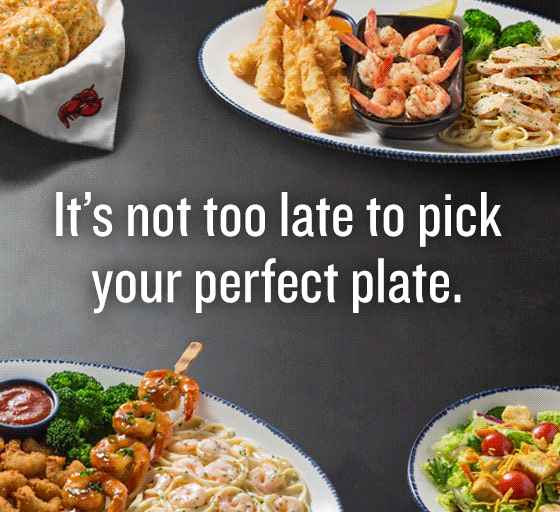  An array of Choose-Your-Own Shrimp TriosTM plate options, Cheddar Bay Biscuits(R) and a garden salad. The center dish displays three preps and slowly slides out of frame to reveal the headline. 