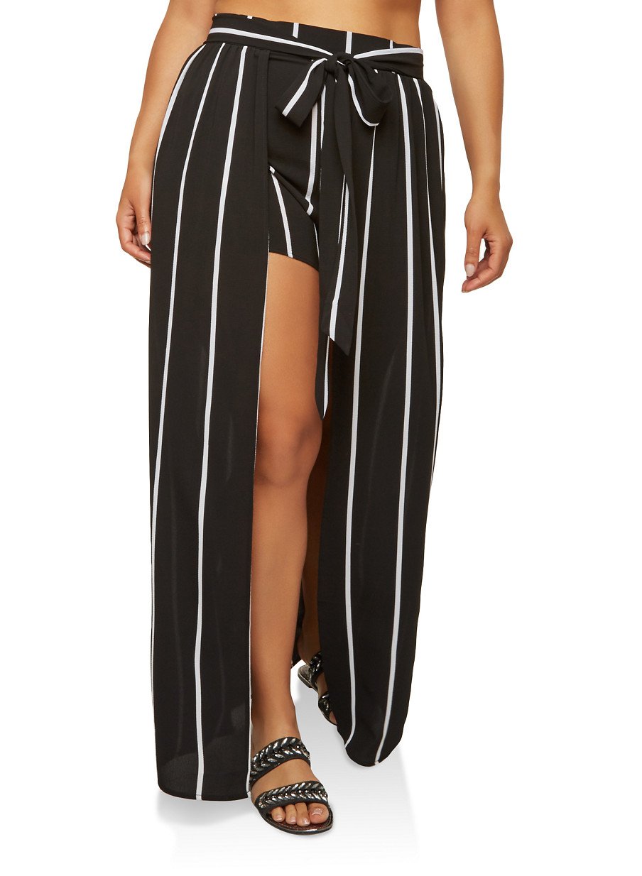 Plus Size Striped Shorts with Maxi Skirt Overlay