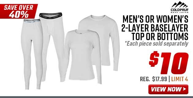 Coldpruf Men's or Women's 2-Layer Baselayer Top or Bottoms