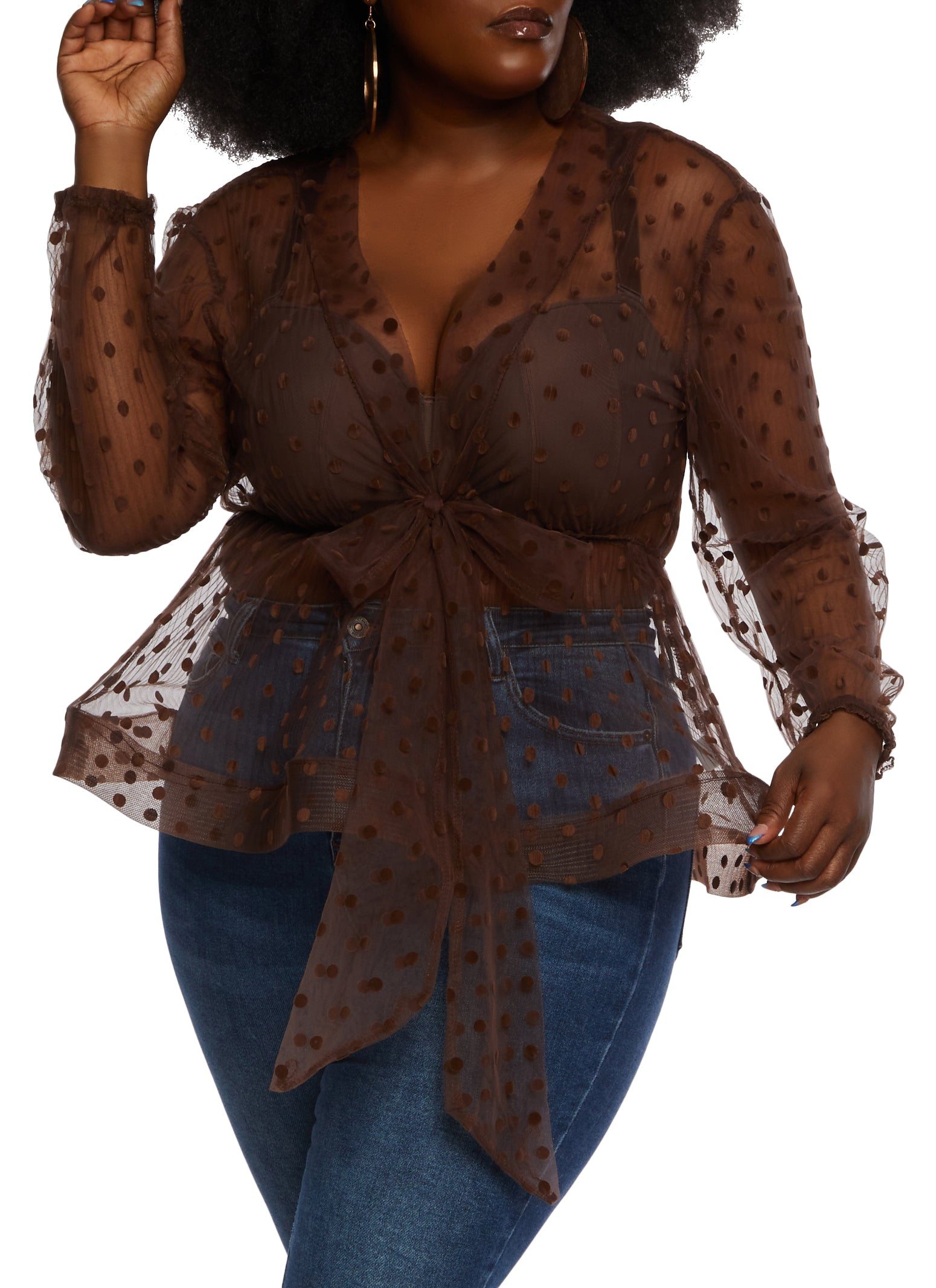 Plus Size Velvet Burnout Polka Dot Tie Waist Blouse