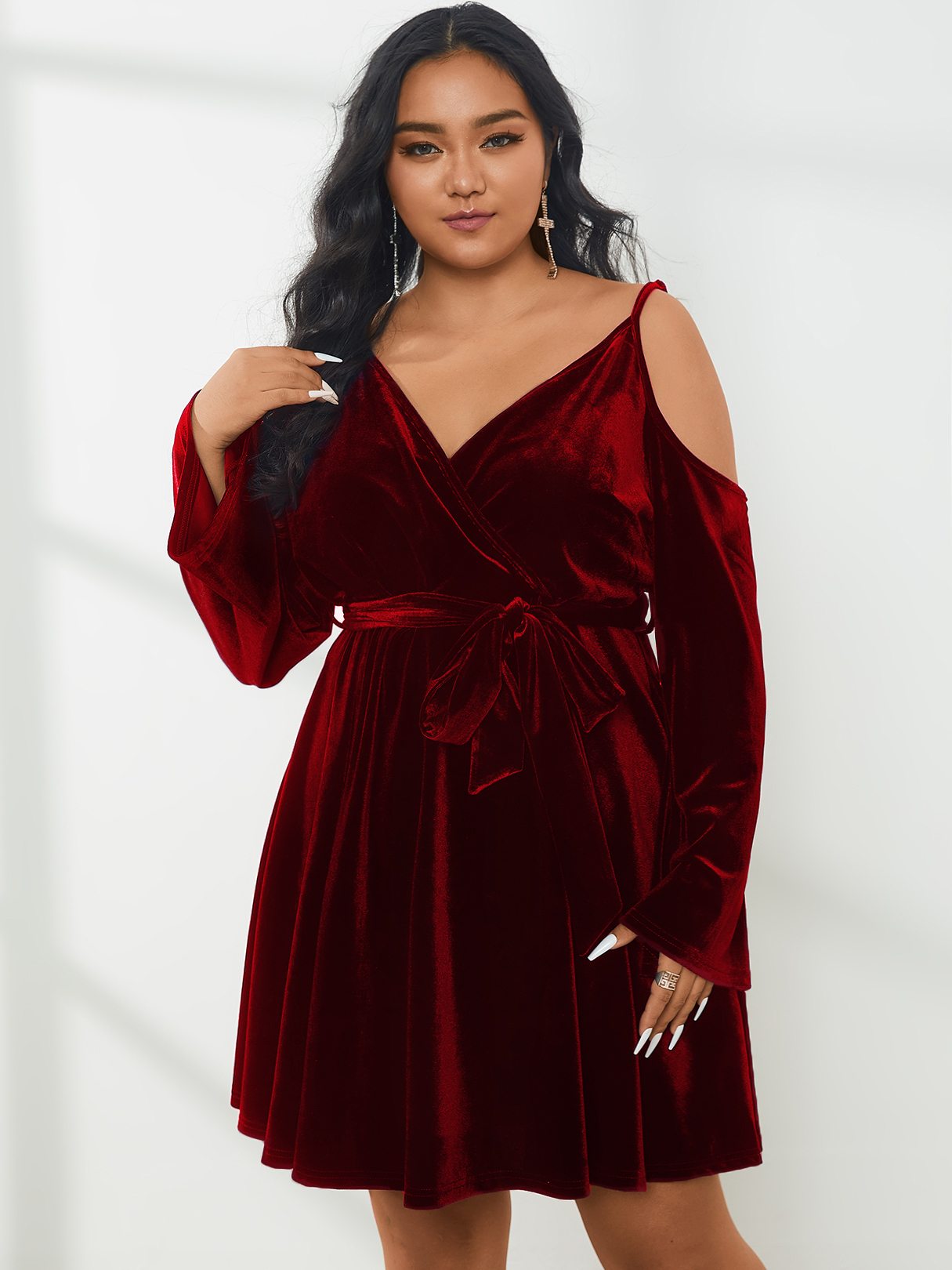 Plus Size Cold Shoulder Belt Design Wrap Design Long Sleeves Mini Dress