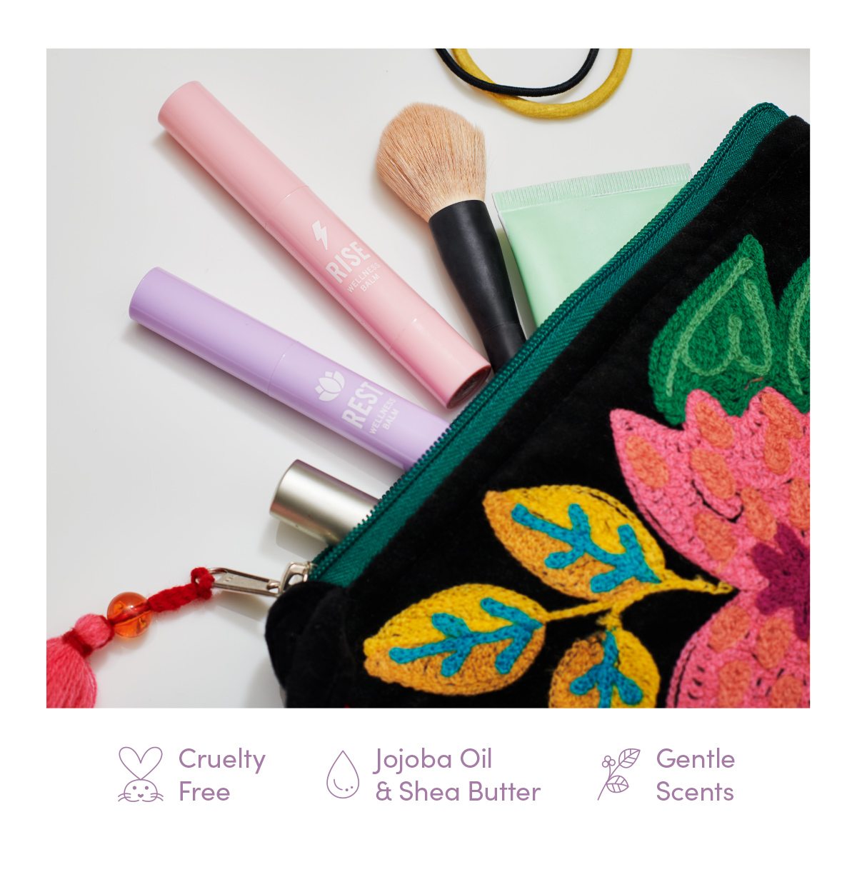 Cruelty free, jojoba oil and shea butter, gentle scents